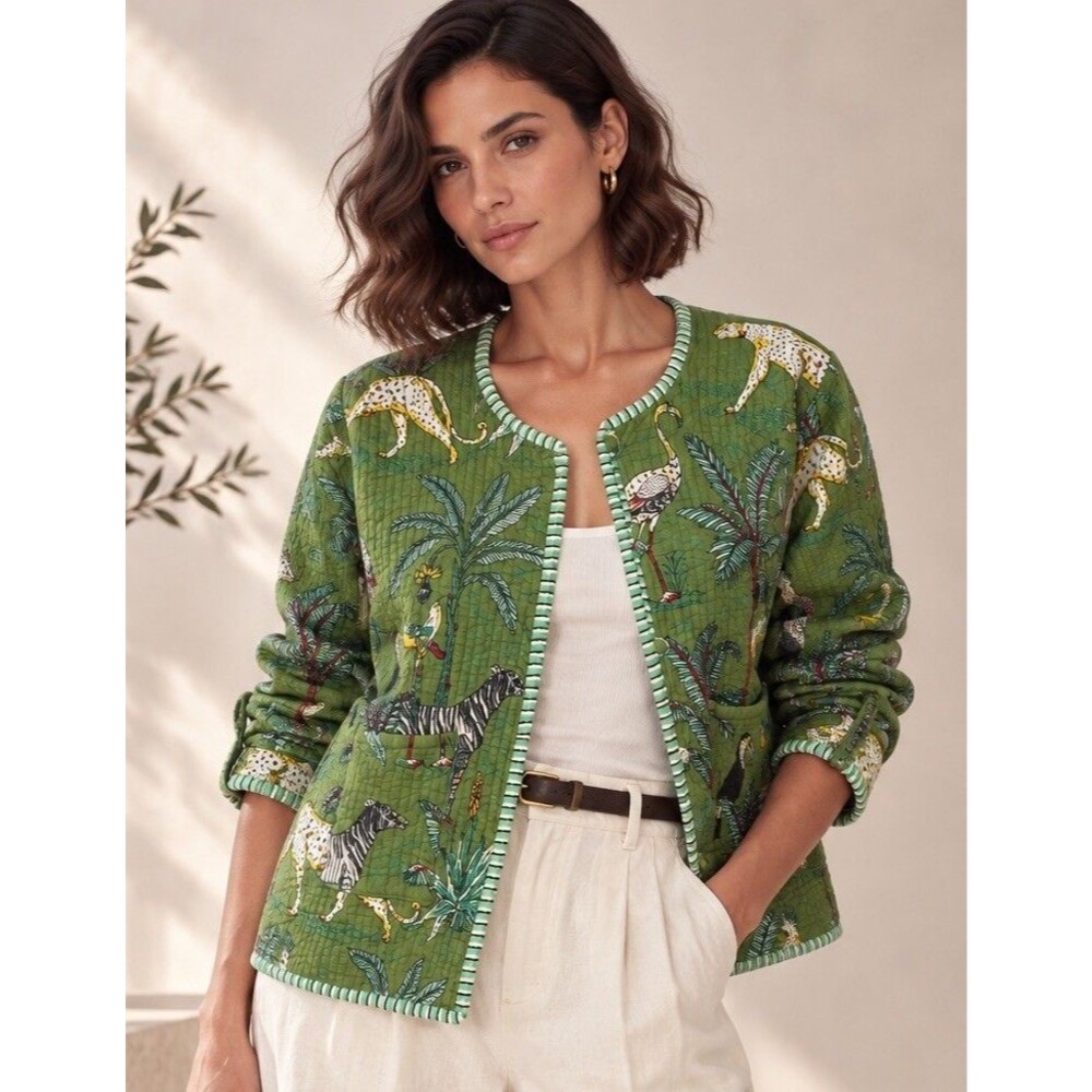 Unbranded Reversible Quilted Jungle Print Striped Jacket Sz S/M Cotton Artsy EUC